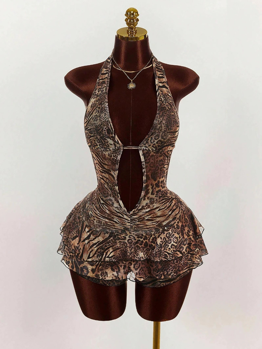 Zara Leopard Print Halter Neck Deep V Backless Jumpsuit